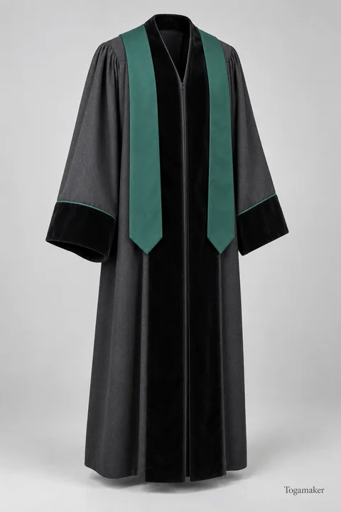 Hoogleraarstoga voor Erasmus Universiteit Rotterdam. Medische variant van het Rotterdamse model: antraciet met groene stola en fijne groene mouwbies.