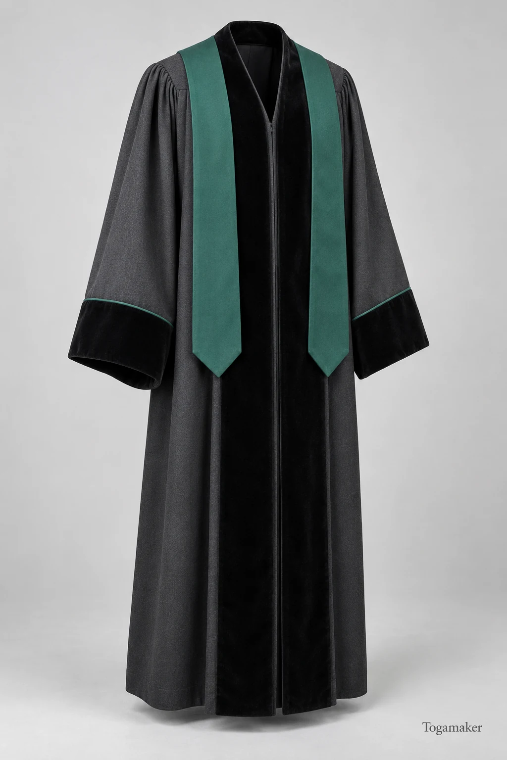 Ontwerpvisualisatie: hoogleraarstoga voor Erasmus Universiteit Rotterdam — Medische variant van het Rotterdamse model: antraciet met groene stola en fijne groene mouwbies.