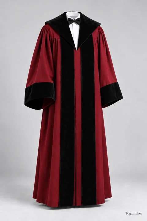 Hoogleraarstoga voor Maastricht University. Bordeauxrode uitvoering met breed omgeslagen zwarte kraag, zwarte mouwomslagen, wit hemdfront en zwarte vlinderdas.